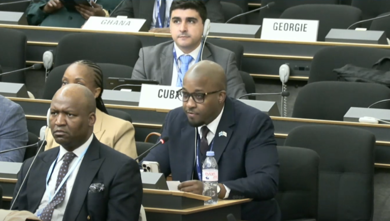 The Botswana delegate addresses the World Health Assembly, emphasising workforce preservation amid severe budget cuts and operational risks.