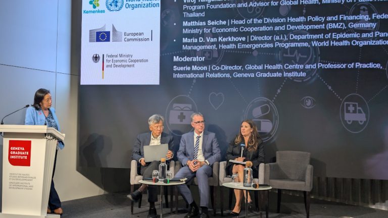 From left to right: Suerie Moon (GHC), Viroj Tangcharoensathien (IGWG), Matthias Seiche (Germany), and Maria Van Kerkhove (WHO) discuss pandemic preparedness.