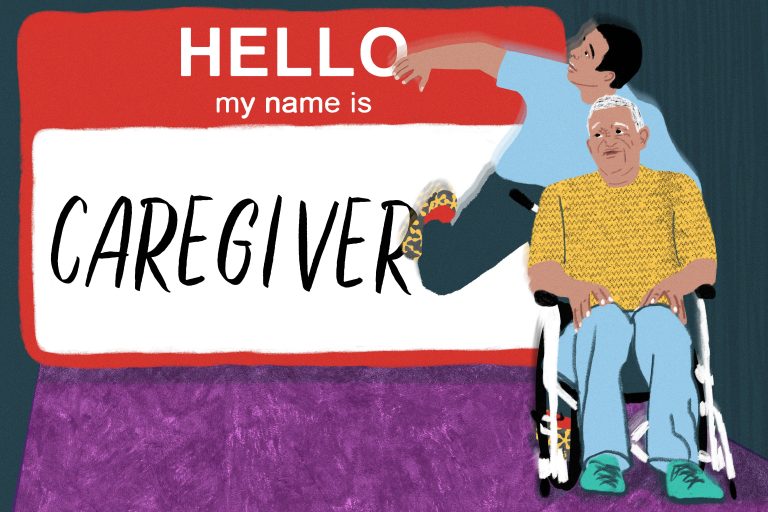 An illustration of a person pushing a senior man in a wheelchair, apparently running from a giant "hello my name is caregiver" name-tag.